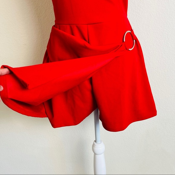NWOT Red Overlay Asymmetrical Skirt O-Ring Romper - Picture 3 of 9